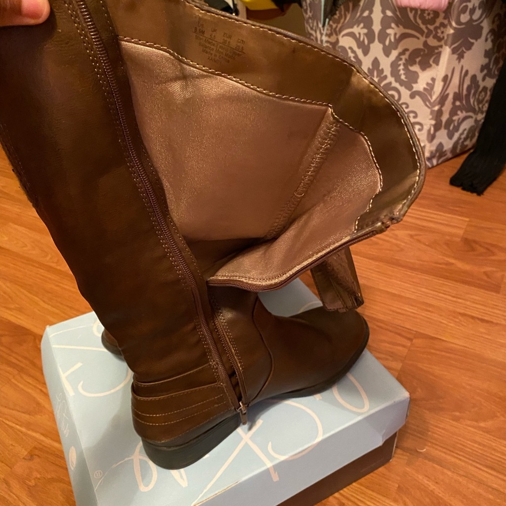 Dark tan calf length boots